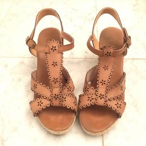 Tan Leather Wedge Sandals with Floral Cutout Design